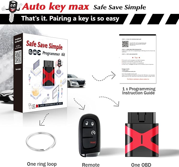 Simple Programmable Keyfob, Replacement Car Key Fob and DIY Programmer Kit Compatible with 2013-2019 Ram 1500 2500 3500 Air Suspension Smart Remote GQ4-54T /46 CHIP