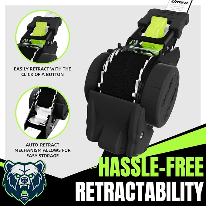 Retractable Ratchet Straps, 4-Pack, 1 Inch x 12 Feet Heavy Duty Tie Downs, 1760lb Break Strength, Self Retracting for Truck, Cargo, Trailer, Motorcycle, ATV, UTV (Black-Green, 8pack)