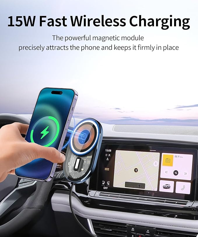 Wireless Charging Car Phone Holder for Volkswagen Atlas/Altas Cross Sport 2024-2026, 12" Screen Fixed Clip, 360° Rotation Car Phone Mount Compatible with MagSafe