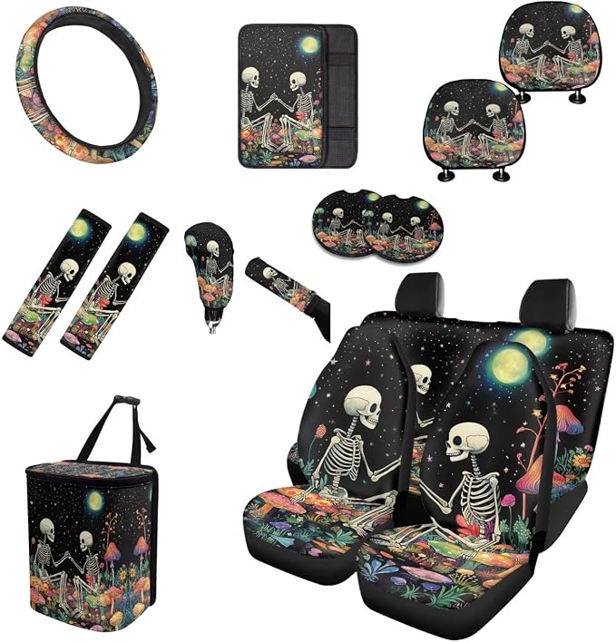 Goth Moon Skeleton Car Seat Covers Full Set 15 Pcs Universal Car Accessories Steering Wheel Cover Seat Belt Pads Garbage Bag Car Headrest Pillow Covers Armrest Pad