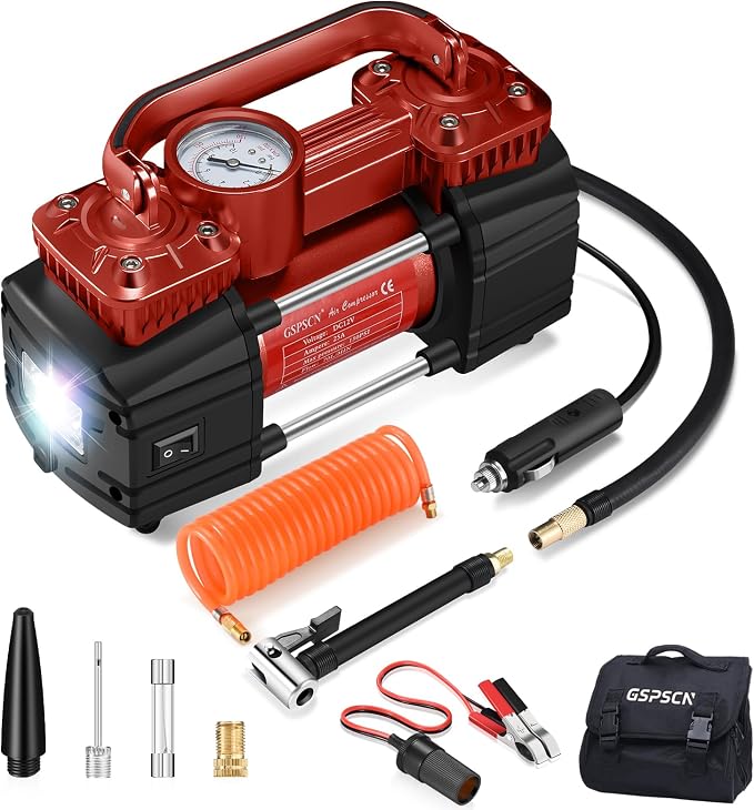 GSPSCN Heavy Duty Tire Inflator 12V Portable Air Compressor Pump 150PSI | 6X Faster Inflation Dual Cylinder Metal Air Pump with Led Light for Car, RV,Pickup Truck, SUV, Van,Camper, Air Bed,Balls