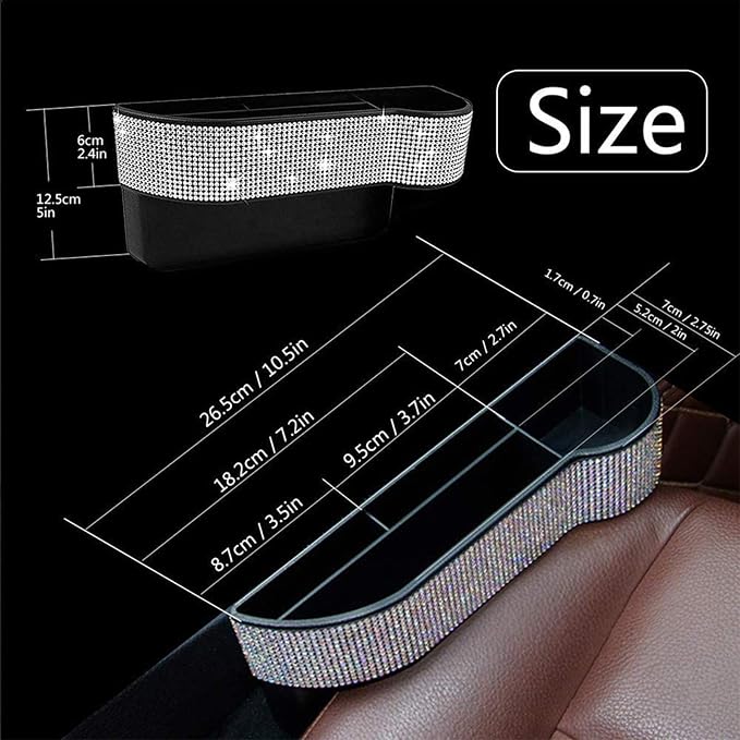Bling Bling Car Seat Organizer Front Seat Gap Filler with Crystal Rhinestones Diamond, PU Leather Car Seat Console Storage Organizer for Car Accessories (2 Pack Black)