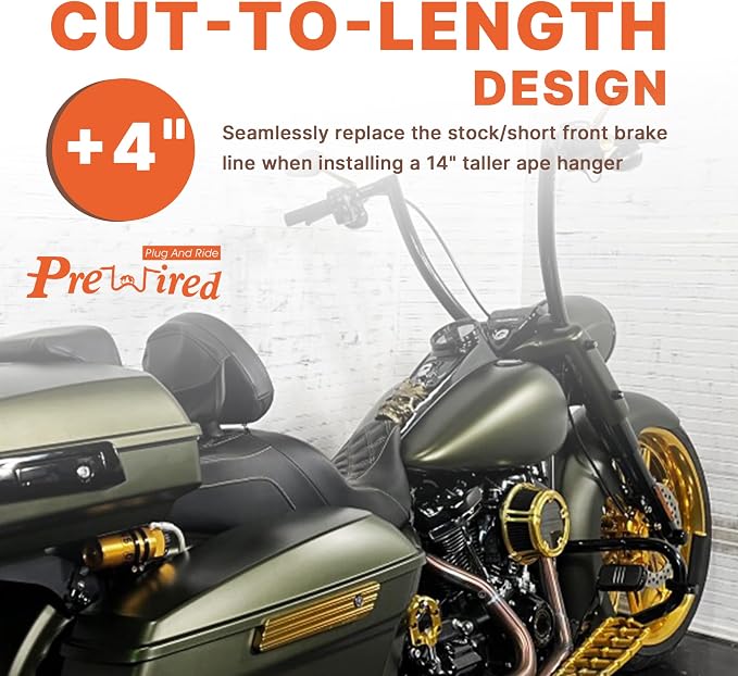 Front Dual Disc Brake Line 14" Handlebars +4" Extension Brake Cable NO ABS for Harley 2014-2023 Touring Road King/Road Glide/Street Glide/Electra Glide Models Stainless Steel Braided, Black