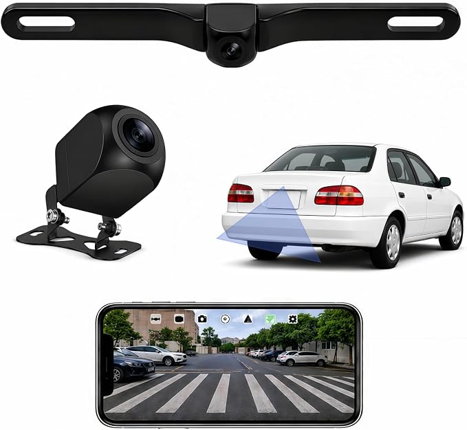 Wireless Backup Camera 1080P, 2.4GHz WiFi No Monitor Needed, License Plate Camera, 170° Wide Angle IP68 Waterproof Night Vision, Front Rear View for iPhone Android, Sedan SUV MPV Van Pickup