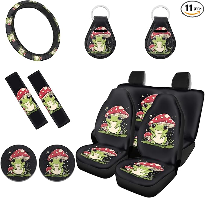 11 Pcs Car Seat Covers Full Set, Cartoon Frog Mushroom Print Car Seat Covers Coasters, Heavy Duty Seat Covers for Trucks, Seat Belt Key Chains, Car Accessories for Women Men