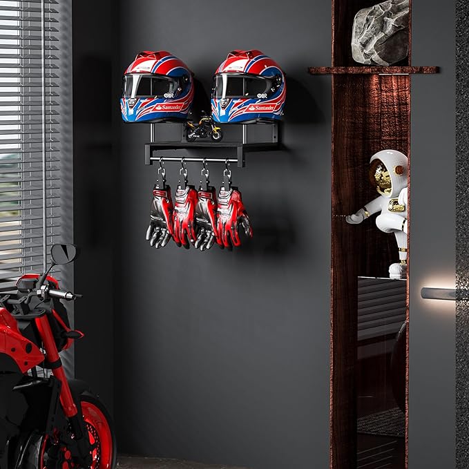Motorcycle Helmet Holder Wall Mount, Helmet Rack with 4 Glove Clips, Motorcycle Gear Rack Storage, Motorcycle Accessories Organizer for Entryway or Garage