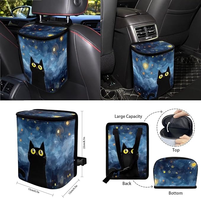 15Pcs Car Seat Cover Full Set Car Steering Wheel Cover Seat Belt Cover Trash Bin Air Vent Storage Box Front Rear View Mirror Car Cup Holder Keychain, Cute Cat Starry Night