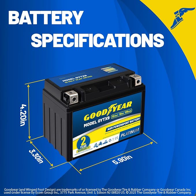 Goodyear GYTX9-12 Volt 10 AH, 135 CCA, Rechargeable High-Performance, Maintenance Free, SLA - AGM Battery for Motorcycle, ATV, UTV, 4-Wheeler, Snowmobile, Watercraft and more!