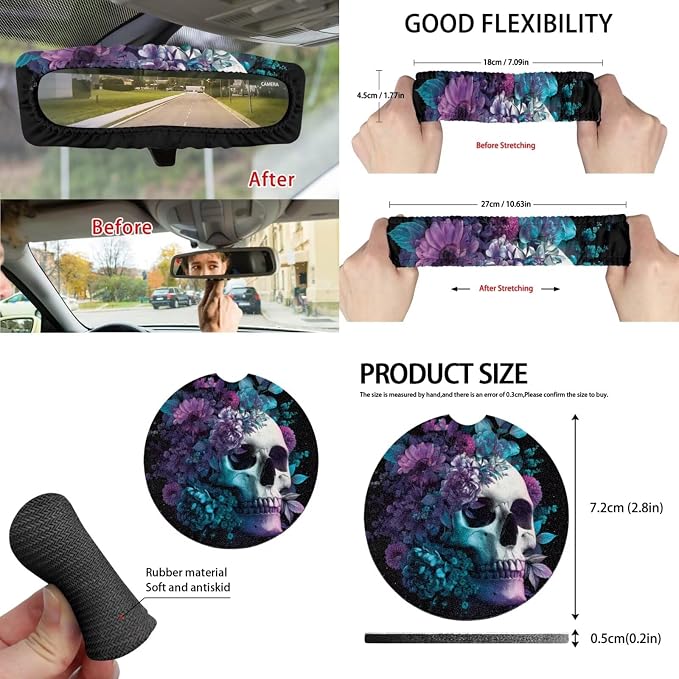 15 Pcs Floral Skeleton Auto Interior Accessories Car Seat Covers with Auto Steering Wheel Cover Seat Belt Covers Car Trash Can View Mirror Cover Coaster Keychains