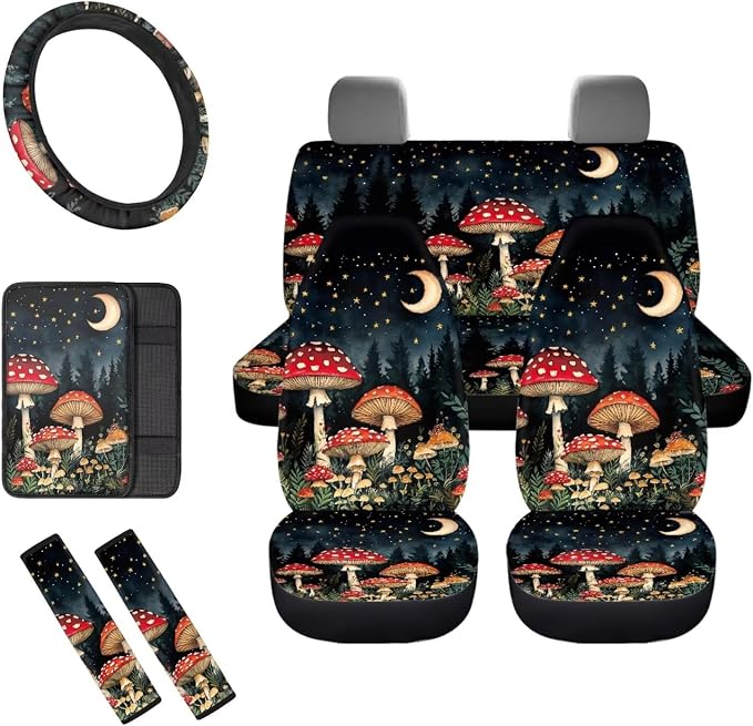 8 Pcs Moon Mushroom Car Seat Covers Full Set Car Accessories for Women Front Seat Cover Steering Wheel Armrest Cover Seat Belt Cover for Auto SUV Interior Decoration