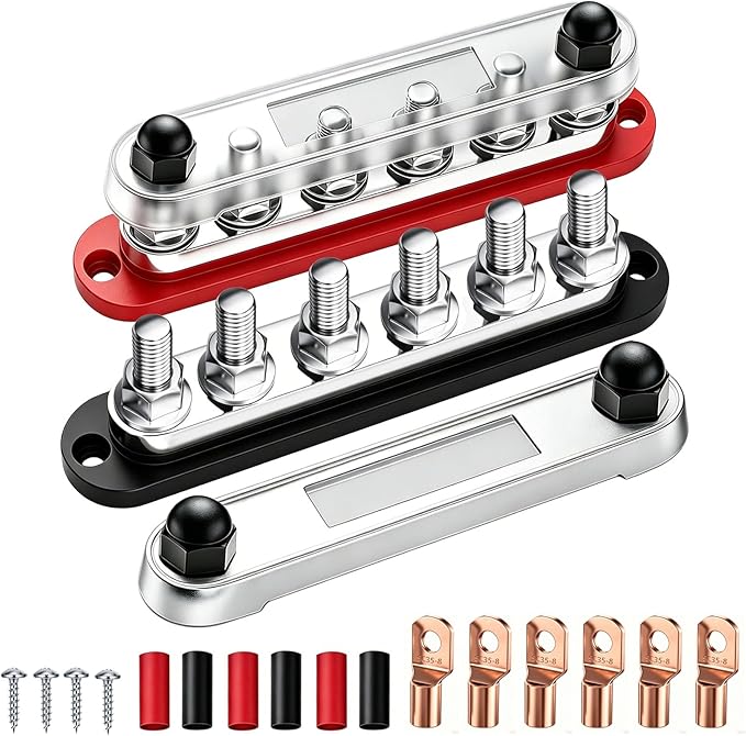 250A 12V-48V Bus Bar Marine Power Distribution Block with Cover with 6 x 5/16”Post,Battery Bus Bar (Pair,Red & Black),Automotive Busbars 12 Volt for Car Boat Solar Wiring