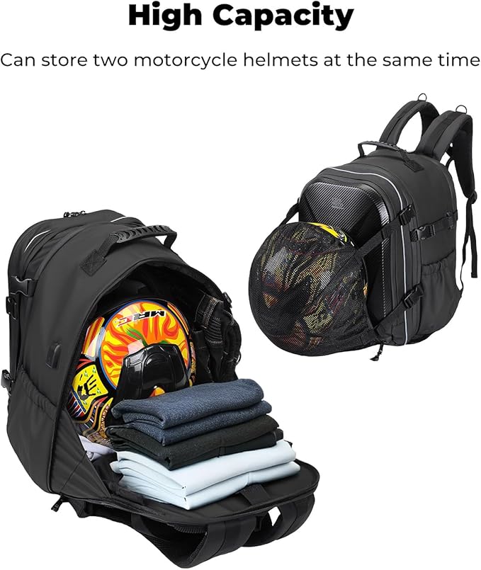 KEMIMOTO Motorcycle Helmet Backpack Bag, 40L Large Capacity Helmet Backpack Hard Shell with Expandable Storage and Rain Cover, USB Charging Port, Waterproof