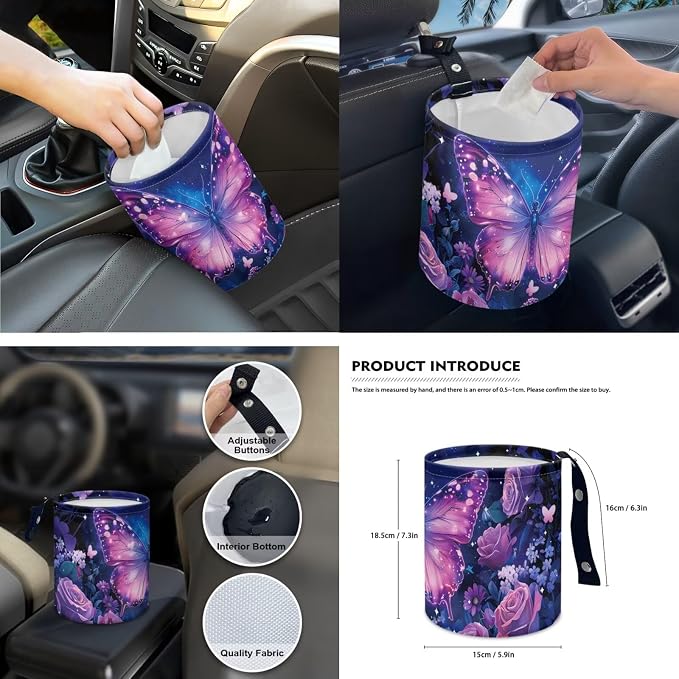 Purple Rose Butterfly 15Pcs Car Seat Cover Full Set Car Steering Wheel Cover Seat Belt Cover Trash Bin Front Rear View Mirror Car Cup Holder Keychain