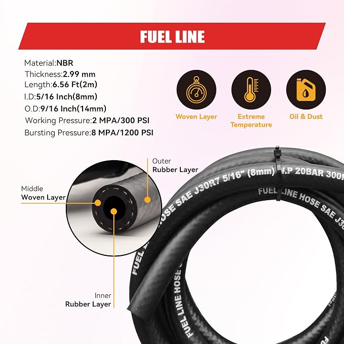 Gasoline Electric Fuel Pump Universal 12V 1-2A 28GPH 2-3.5 PSI Operating Fuel Pressure with 5/16 Inch (8mm) ID Fuel Line Hose 6.56FT