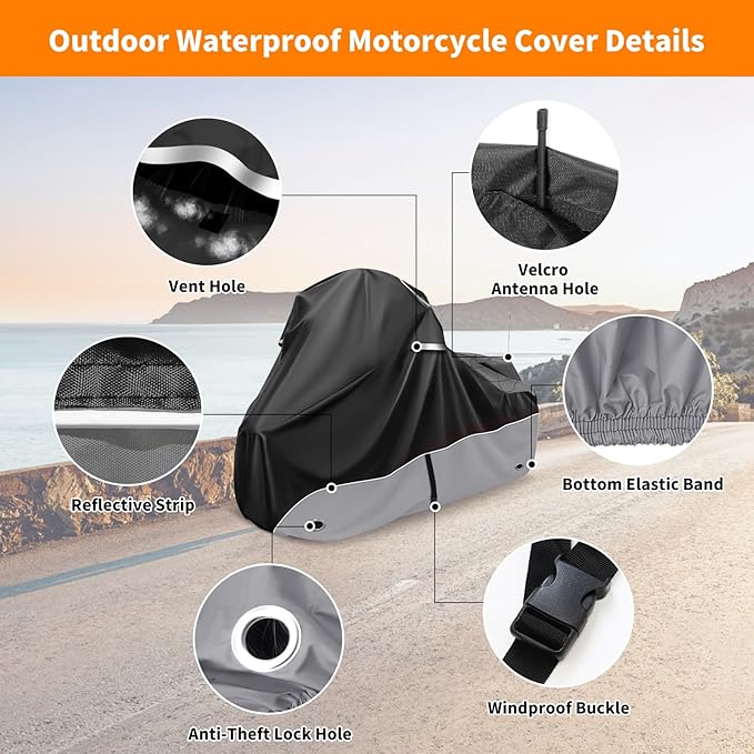 Motorcycle Cover, 107 Inch Touring Models Specific Vehicle Cover Storage Suitable for Road King, Road Glide, Street Glide, Electra Glide, Low Rider-ST and Most Motorcycles Grey