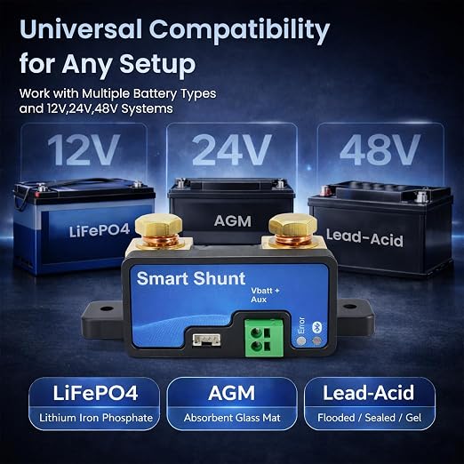 500A Bluetooth Battery Monitor Shunt, 6.5V-70V Intelligent Current Sensor | Fit for LiFePO4 Lead-Acid, 12V 24V 48V High Precision SOC Gauge for RV Marine Solar Off-Grid with Manual