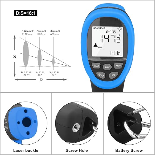 BTMETER BT-985B Laser Temp Gun Pyrometer, -58~2480℉(-50~1360℃) High Temperature Meter, 16:1 Distance Spot Ratio Industrial Infrared Thermometer Tester for Furnace, Smelting (NOT for Human Temp)