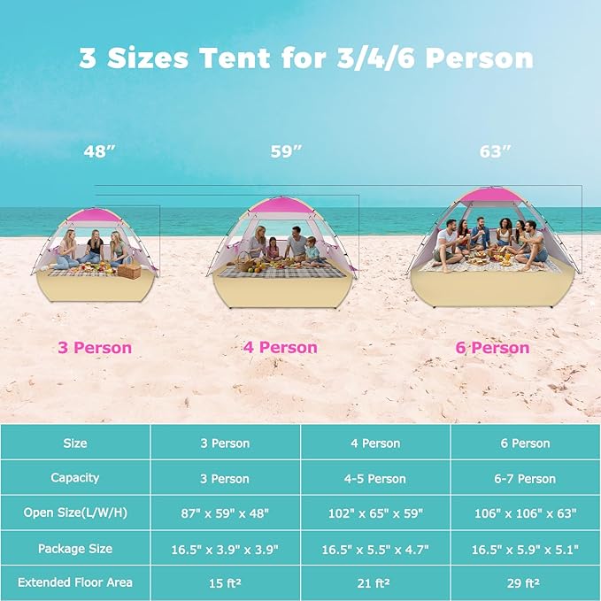 Venustas Beach Tent Sun Shelter for 3/4/6/8 Person, UPF 50+ UV Protection Beach Canopy, Lightweight and Easy Setup Cabana, Portable Shade Tent