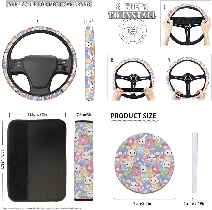 Easter Day Car Accessory Easter Rabbit Car Seat Covers Full Set Easter Egg Colorful Auto Steering Wheel Cover Keychain Seat Belt Pad Universal Fit,All Weather Protection 12Pcs,for SUV Truck