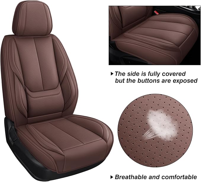 MINGBRON Car Seat Covers Full Set, Car Seat Cover Lumbar Support, Car Seat Protector Waterproof, Nappa Leather Car Seat Cushion, Front Seats and Back Fit for Most Cars Brown