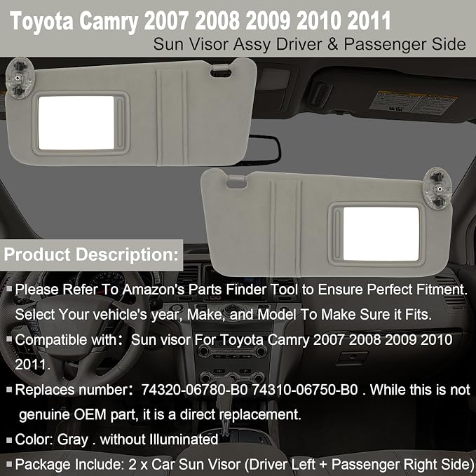 NHILES Left Driver & Right Passenger Side Sun Visor Compatible with Toyota Camry Without Light 2007 2008 2009 2010 2011 Replaces# 74320-06780-B0 0400230506B0 74310-06750-B0 Color Gray