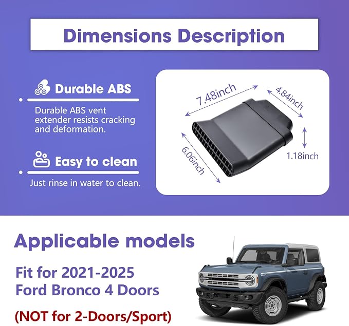 RUNROAD Center Console Organizer Compatible with 2021-2025 Ford Bronco 4 Doors Accessories, Rear Seat Air Vent Deflectors for 2025 Bronco Rear Air Conditioning Extensions 4PCS (NOT for 2-Doors/Sport)