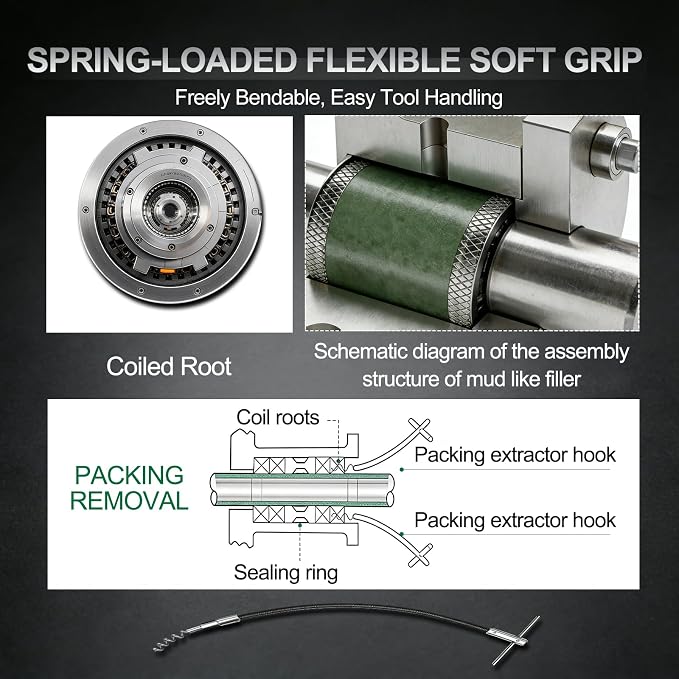 23pcs Gland Packing Extractor Set, Steel Alloy Packing Puller with Flexible Shaft Corkscrew Pulling Hook, Removal Tool Kit with Toolbox