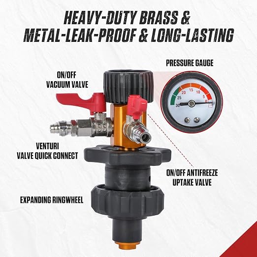 Coolant Vacuum Refill Kit Auto Radiator Air Evacuation Fill Tool | For radiator cooling system; equipped with pressure gauge; comes with 5 dedicated adapters; fits cars, trucks, SUVs & RVs