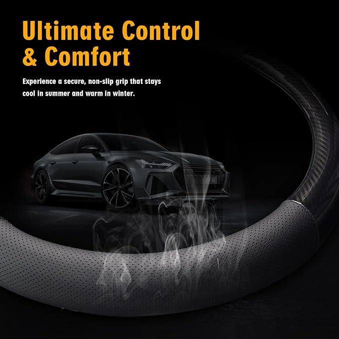 KAFEEK 16 inch Classic Carbon Fiber Steering Wheel Cover Compatible with F150 F250 F350 Ram 4Runner Tacoma Tundra Range Rover, Breathable Microfiber Leather, Black