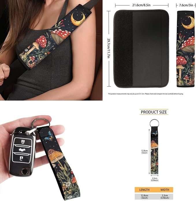 15 Pcs Moon Mushroom Butterfly Auto Interior Accessories Car Seat Covers with Auto Steering Wheel Cover Seat Belt Covers Car Trash Can View Mirror Cover Coaster Keychains
