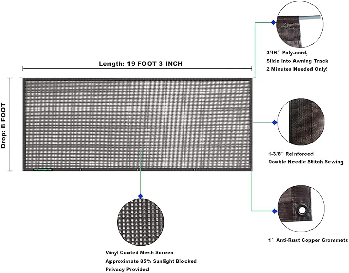 leaveshade RV Awning Sunshade Screen 8' X 19' 3'' (Fit for 20' Awning) Mesh Sun Shade Block UV Glare Motorhome Camping Trailer Awning Shadescreen Sunblocker Sunscreen - 3 Year Warranty (Black)