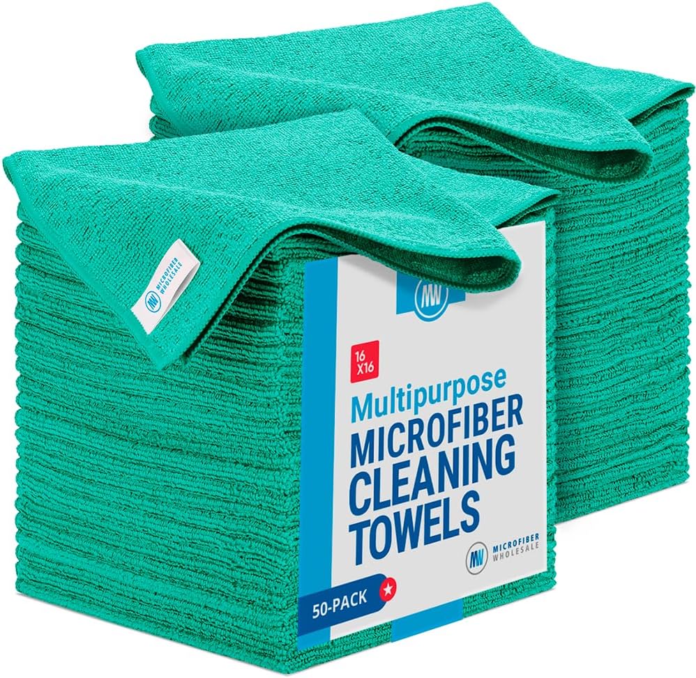 Microfiber Wholesale 16" x 16" All Purpose Towels - 50 Pack - Reusable Wash Cloths, Dust, Kitchen, Car, Shop Rags for Cleaning (Green)