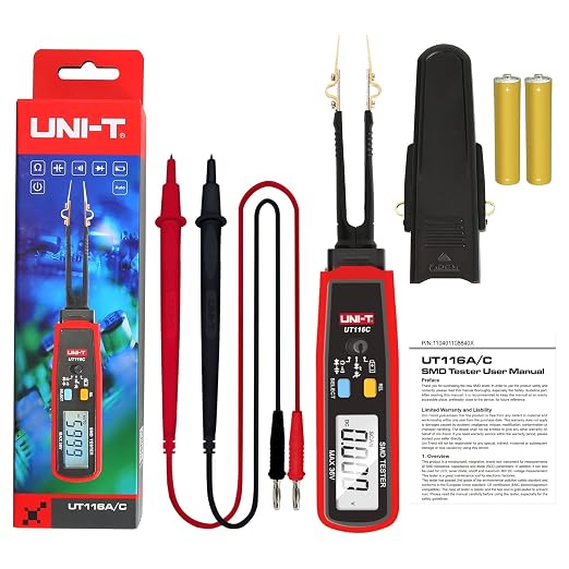 UNI-T UT116C Digital Smart SMD Tester Intelligent Diode Continuity Resistor Capacitor LED Battery Test Mini Multi Tester, 6000 Counts Auto Ranging, Resistance Capacitance DC Voltage