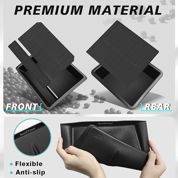 BestEvMod 3PCS Center Console Organizer Fit for 2026 2025 Tesla New Model Y Juniper Accessories Slide smoothly Armrest Upper Storage Box Front Console Tray Wireless Charger Mat Silicone OEM Style