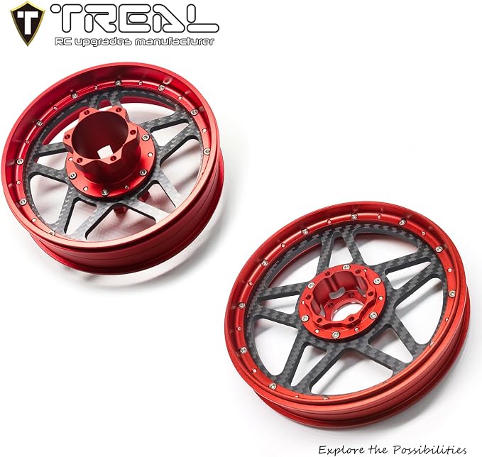 TREAL Losi Promoto MX Front and Rear Wheels(2P), CNC Machined Aluminum w Carbon Rims for Losi 1/4 FXR Motorcycle(Red)