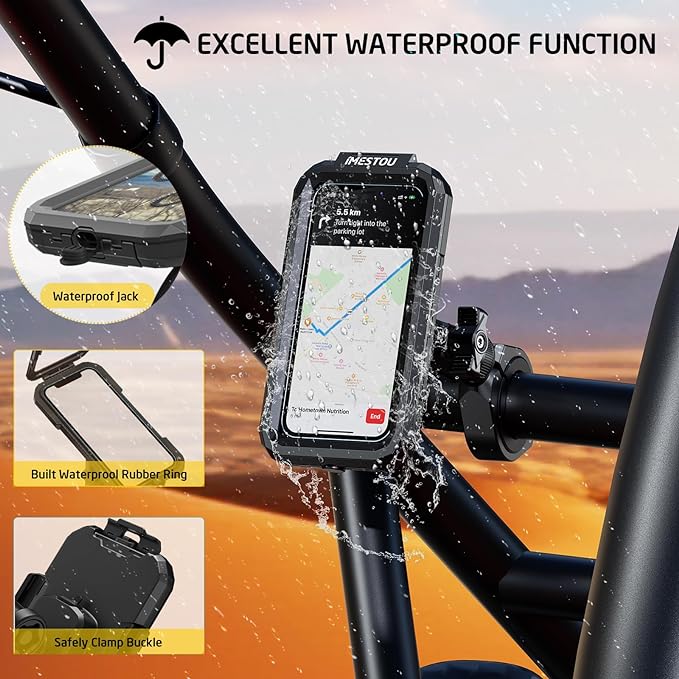 iMESTOU Waterproof ATV Phone Mount with Anti-Theft Design and 360° Rotation 1“ Ball Base Fits for ATV UTV 1.5''/1.75''/1.85''/2''/2.1'' Handlebars, Suitble for 3.5"-6.1" Smartphones (Size S)