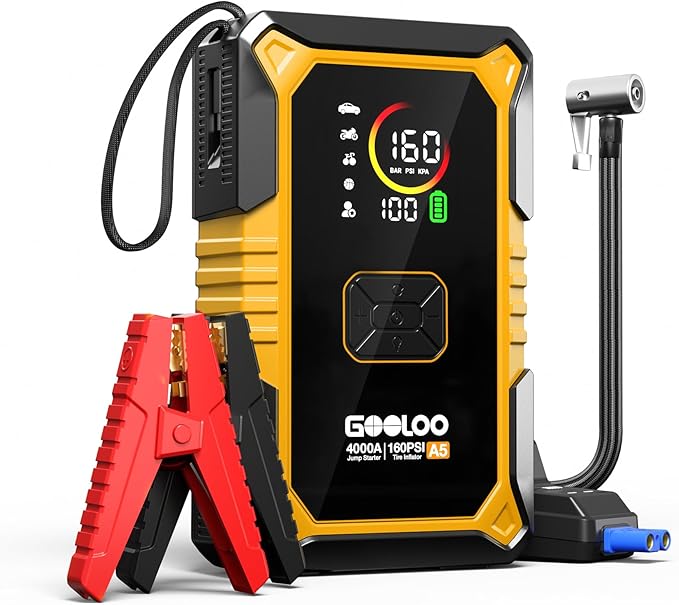 GOOLOO A5 Car Jump Starter with Air Compressor, 4000A Portable Car Jump Starter (All Gas/10.0L Diesel) with 160PSI Auto-Off Tire Inflator, 45W PD Fast Charging,12V Battery Jumper Starter Portable