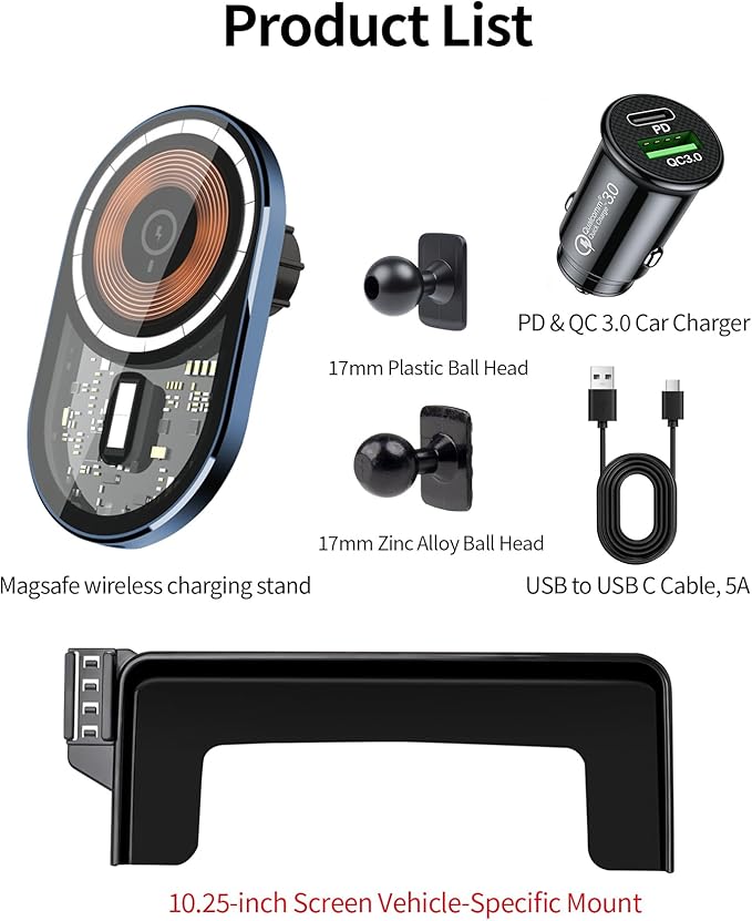 Wireless Charging Car Phone Holder for Mercedes Benz GLC-Class 2020-2022 / C-Class 2019-2021, 10.25" Screen Fixed Clip, 360° Rotation Car Phone Mount Compatible with MagSafe