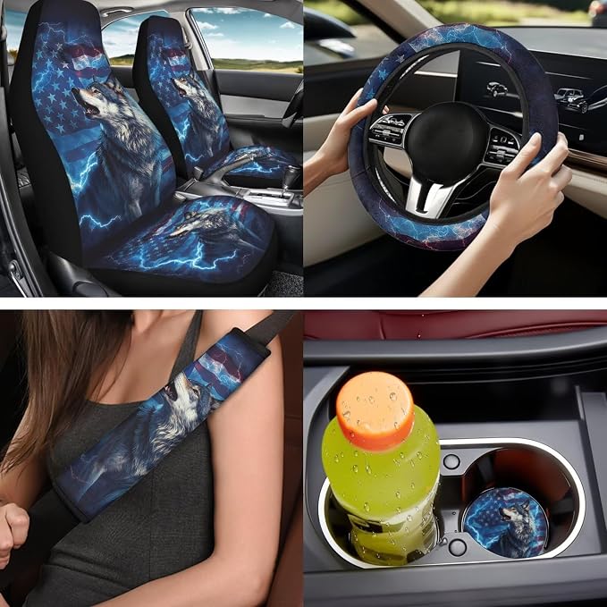 Bulopur Wolf Lightning Car Seat Covers Front and Rear with Armrest Cover Seat Headrest Cover Car Seatbelt Shoulder Strap Covers Keychain Patriotic Auto Interior Accessories Set for Van Sedan SUV