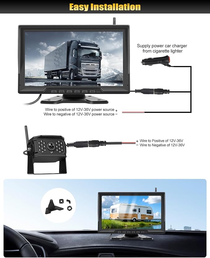 10.1 Inch Wireless Backup Camera Monitor Digital Signal Stable BSD Night Vision with Front Rear View IP68 Waterproof Camera for Truck/Car/Pickup/SUV/Tractors/Bus/Pickup