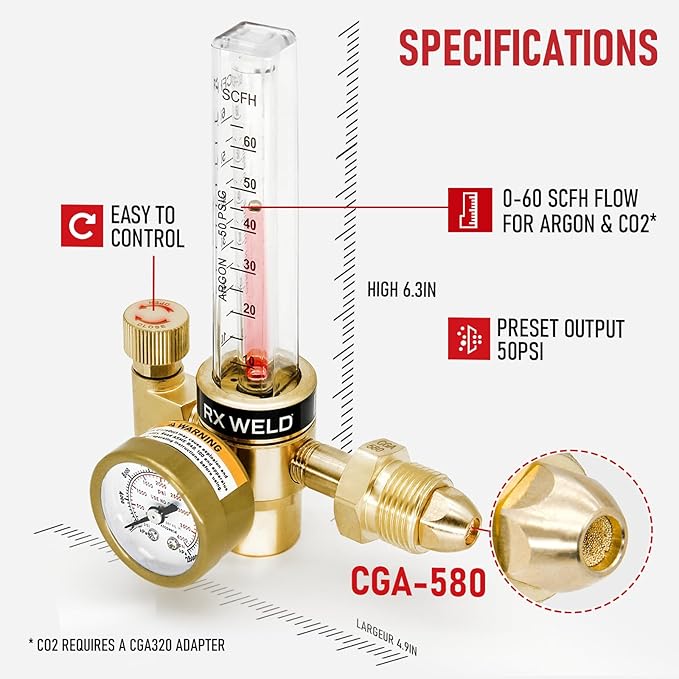 RX WELD Argon Regulator Flowmeter Gas Gauge for Mig Tig Weld