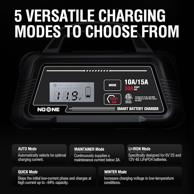 NOONE 10A/15A Smart Battery Charger and Maintainer - Fully Automatic 6V/12V Charger with 50A Engine Start, Auto Repair & Desulfation - Compatible with Lead-Acid, AGM, LiFePO4 Batteries