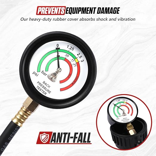 Exhaust Back Pressure Tester Kit, Professional Automotive Exhaust Back Pressure Gauge Set with 5-Foot Hose, Adapters & 2 Clamps