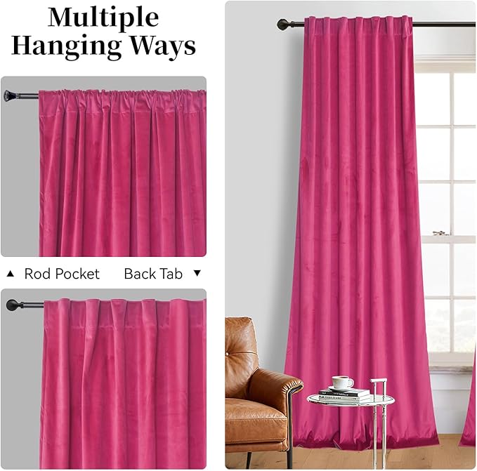 Roslynwood Luxury Soft Berry Velvet Curtains 72 inches Long Back Tab Thermal Insulated Blackout Window Drapes for Living Room/Bedroom/Dining Room, W52 x L72, 2 Panels