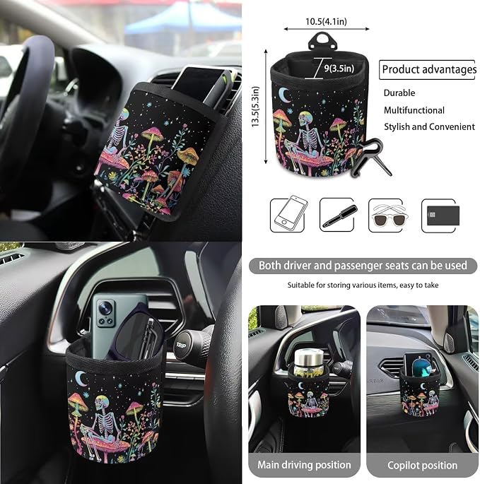 Skull Colorful Mushroom Car Seat Covers 15Pcs Full Set Car Steering Wheel Cover Seat Belt Cover Trash Bin Air Vent Storage Box Rear View Mirror Car Cup Holder Keychain