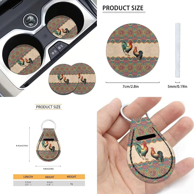 Suobstales Boho Mandala Rooster Chicken Print Car Seat Covers Full Set for Women Men Car Seat Cover Protector Auto Decorative with Steering Wheel Cover +Seat Belt Covers +Coasters +Keychains
