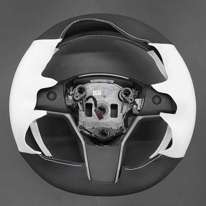 MEWANT Stitching Black White Faux Leather Steering Wheel Cover for Tesla Model Y Model 3 Steering Wheel Wrap Accessory