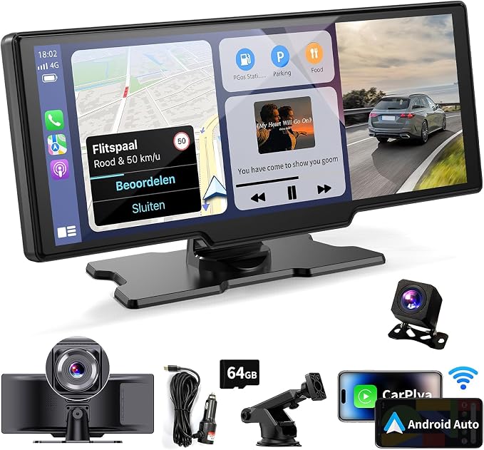 Wireless Portable Carplay Screen for Car - 10.26Inch Carplay & Android Auto Car Touch Stereo, with 4K Dash Cam, Backup Camera,Bluetooth,GPS Navigation