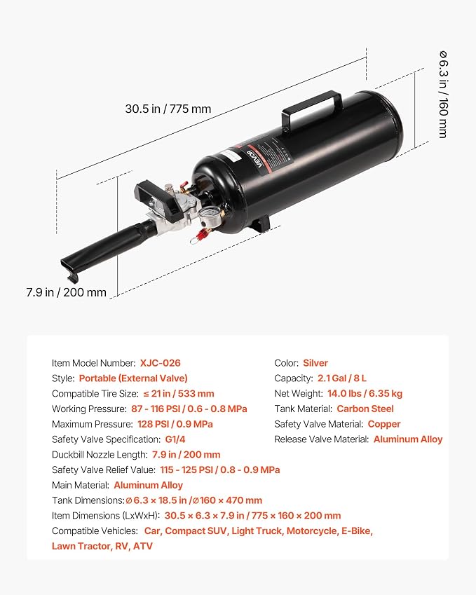 VEVOR Portable Tire Bead Seater, 2.1 Gal / 8 L Air Bead Blaster, Handheld Tire Inflator Tool, 87-116 PSI Operating Pressure, Trigger Seating Inflator for Car, Compact SUV, Light Truck, E-Bike, RV, ATV