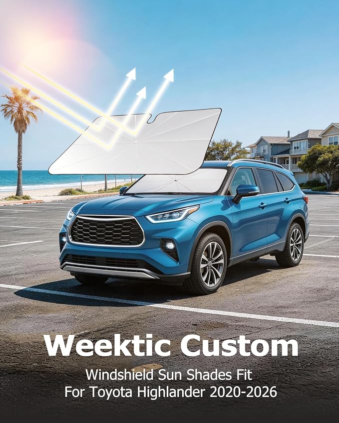 [2026 Upgraded] Weektic Custom Windshield Sun Shade Umbrella for Toyota Highlander 2020-2026, [Double Thickened Ice Crystal Coating] Sun & Heat Protection, Keep Vehicle Cool & Protect Interior